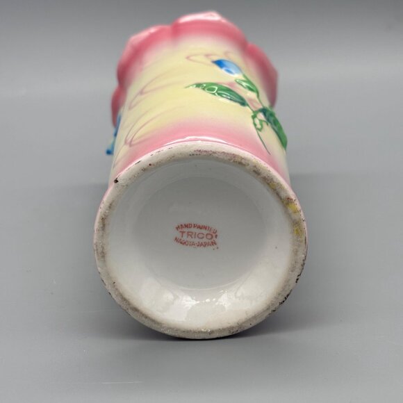 Antique 1920's Trico Nayoga Japan Hand Painted Orange Vase w Flowers 7” Set of 2 - Picture 7 of 8